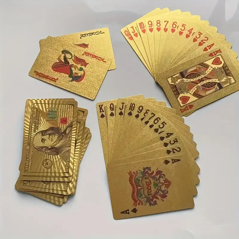 55PCS Zlatá fólie hrací karty 24K Zlatá plastová pokerová sada, voděodolná a odolná kouzelná hra karty