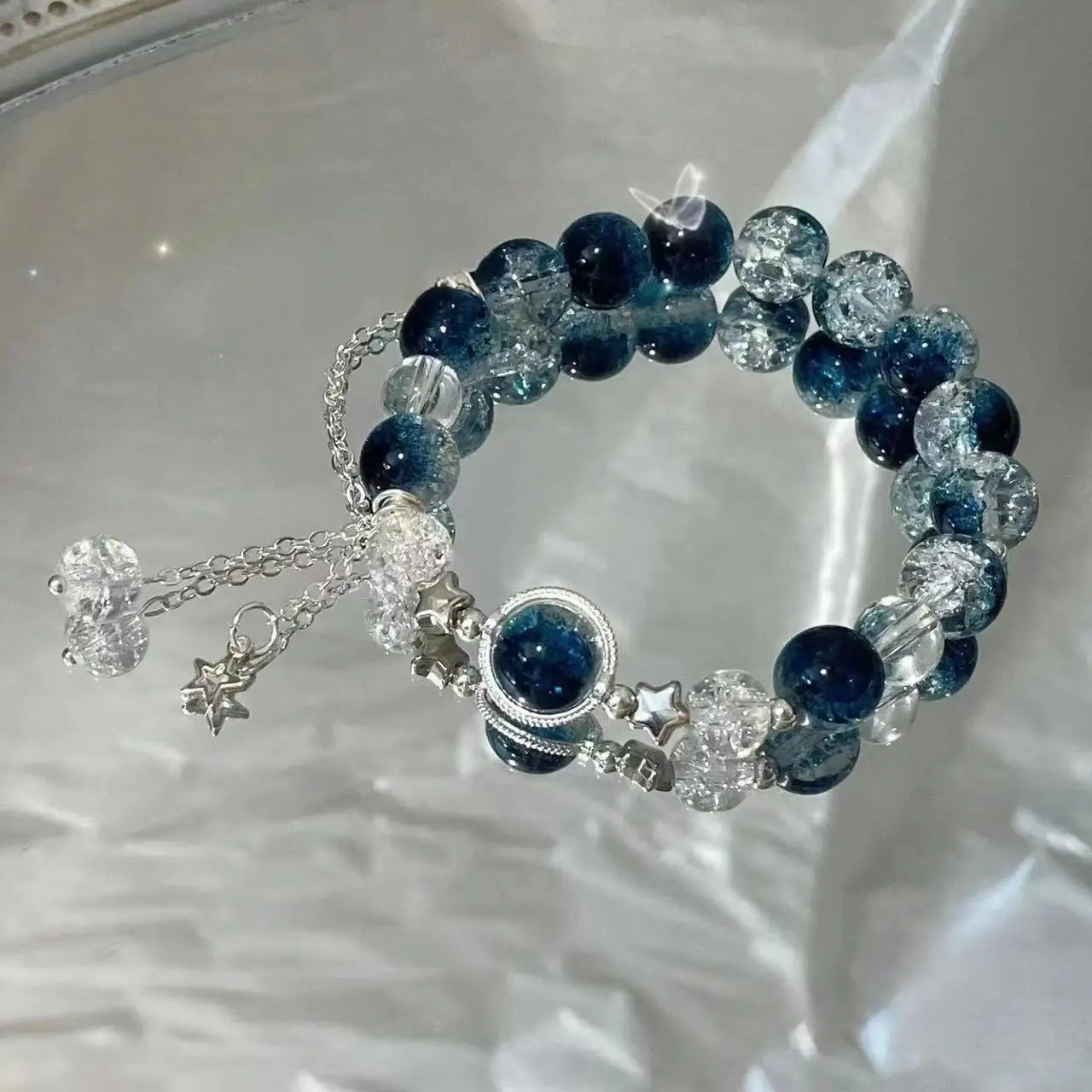Niche Design Star Chain Tassel Náramek Fantasy Blue Crystal Beads Elastický lanový náramek pro ženy