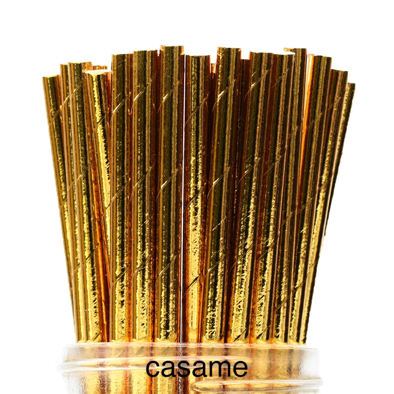 25PCS Metallic Gold & Silver Foil Paper Straws – Heart, Star & Chevron Pattern Biodegradable Party Straws for Wedding, Birthday & Events