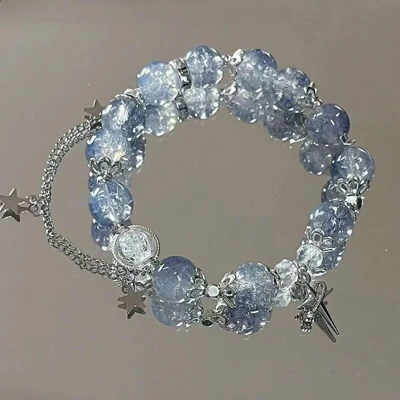 Niche Design Star Chain Tassel Náramek Fantasy Blue Crystal Beads Elastický lanový náramek pro ženy