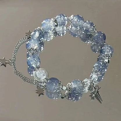Niche Design Star Chain Tassel Náramek Fantasy Blue Crystal Beads Elastický lanový náramek pro ženy