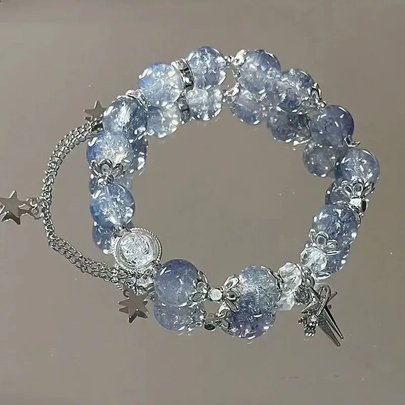 Niche Design Star Chain Tassel Náramek Fantasy Blue Crystal Beads Elastický lanový náramek pro ženy