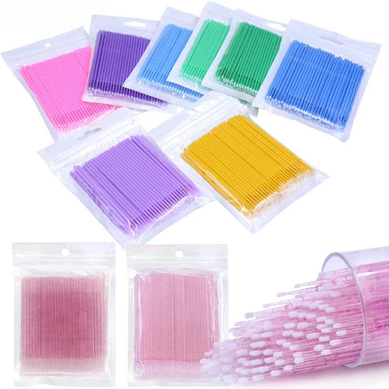 100PCS Čisticí kartáče na řasy Micro Cotton Swabs for Lash Extensions & Make-up Removal