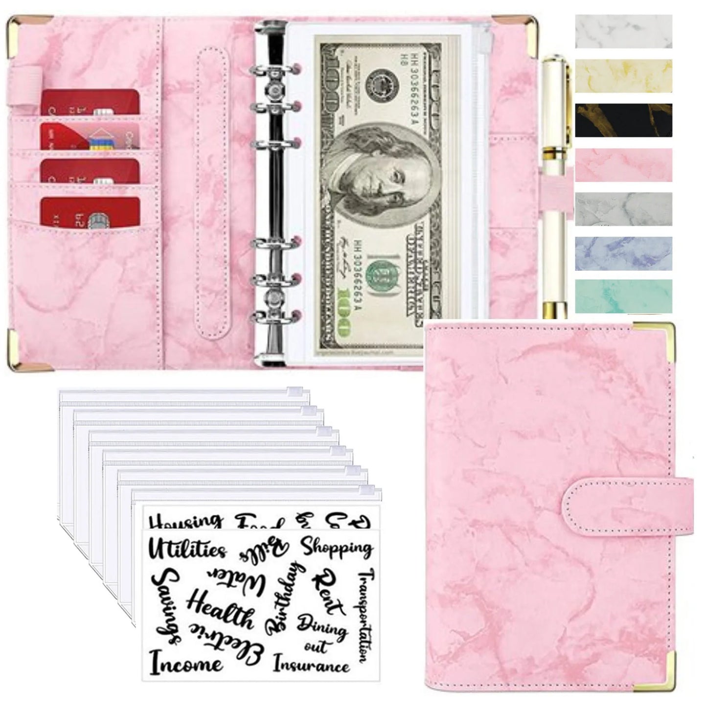 A6 PU Leather Budget Planner – Marble Notebook & Money Saving Organizer for Office, School & Personal Finance