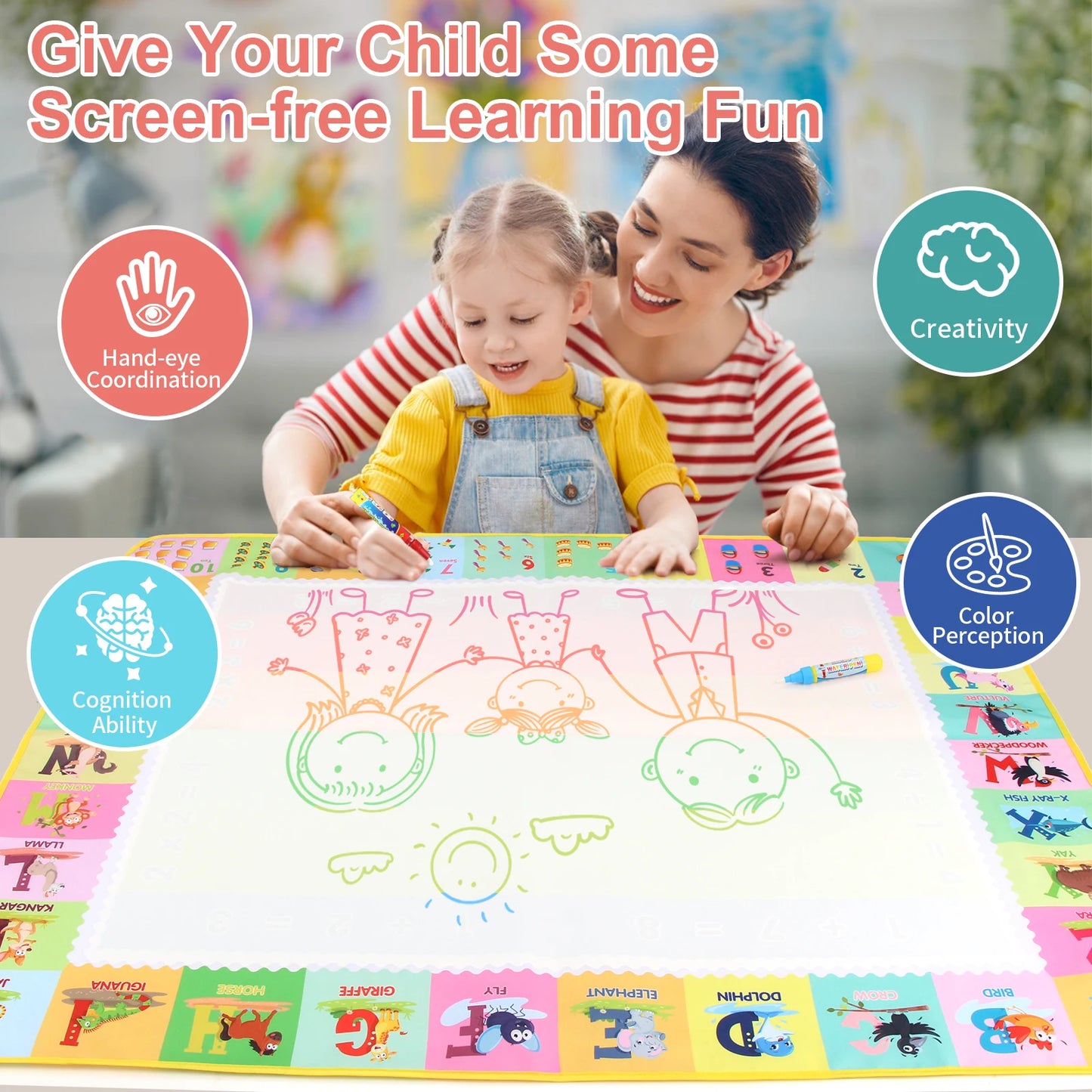 100x80CM Montessori Magic Drawing Board Reasonable Water Doodle Mat for Kids Educational Art & Pen Control Training