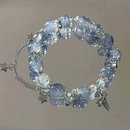 Niche Design Star Chain Tassel Náramek Fantasy Blue Crystal Beads Elastický lanový náramek pro ženy